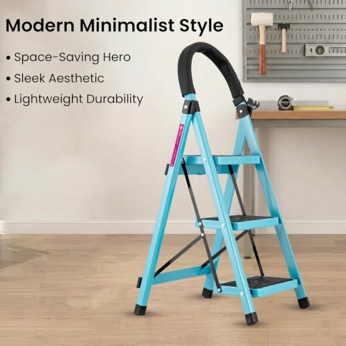 Image of Casa Copenhagen Teal Blue 3 Step Ladder for Home Use with Built-in Tool Tray | Heavy Duty D Shape Rods | Ultra Large Platform | 150Kg Capacity Foldable Ladder - 7 Years Warranty