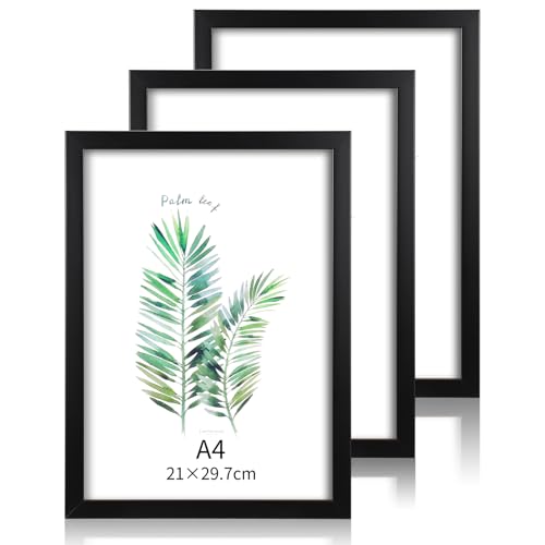 Halinuia - Marco de fotos (3 unidades, A4, 21 x 30 cm, marco de madera con hoja acrílica, marco de tabla, visualización vertical y horizontal para fotos, carteles, rompecabezas, color negro
