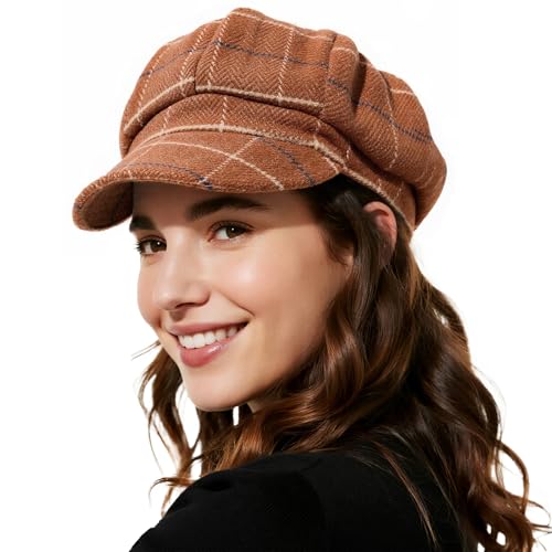 Caramel Newsboy Hats for Women Retro Plaid Casual Baker Boy Cap - French Beret Vintage Page Boy Cabbie Cap with Adjustable String, Slouchy 8-Panel Hats for Women