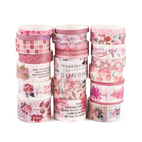 Image of HASTHIP 20 Rolls Washi Tape Set in 5 Sizes, Pink Floral Vintage Decorative Masking Tape for Scrapbooking, Journaling, Planners, DIY Crafts & Art Projects, 6.6ft Per Roll