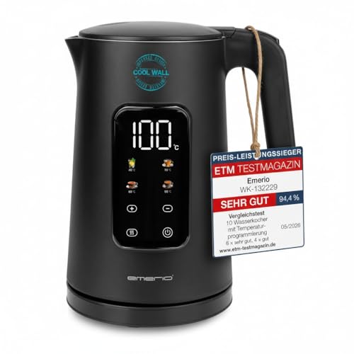 EMERIO Wasserkocher Edelstahl 1,7 L – Isolierte Doppelwand – Temperaturwahl 40–100 °C in 5 °C Schritten – Digitales Display mit Tee- & Warmhaltefunktion – 2200 W – Auto‑Off | WK‑132229
