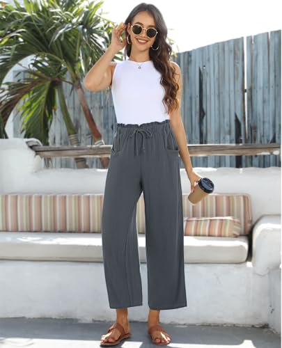 Image of siliteelon Wide Leg Linen Pants for Women Summer Capri Palazzo Flowy Pants Casual Loose High Waist Trousers with Pockets