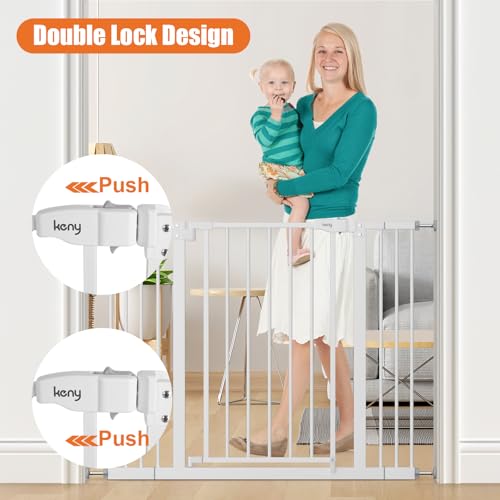 Image of keny 29 inch-42.5 inch Baby Gate for Stairs, Auto Close Safety Dog Gate | Pressure Mounted Easy Walk Through Pet Gate for Doorways, Durable Stair Gate, 30 inch Tall, White