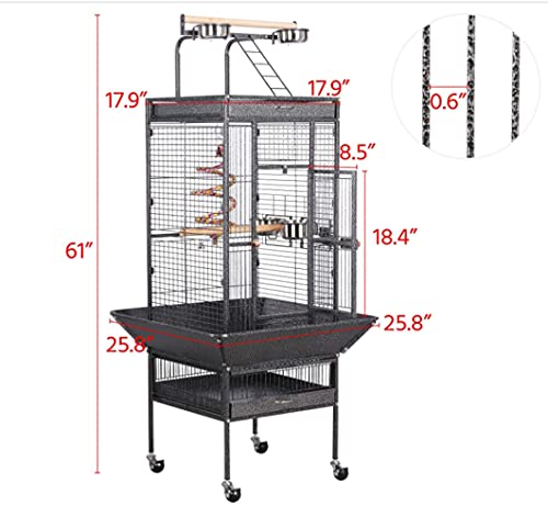 Ricjurzzty Large Bird Cage with Rolling Stand Parrot Chinchilla Finch Cage Bird Villa Macaw Conure Cockatiel Cockatoo Pet House Wrought Iron Birdcage, Black, 25.6'' x 25.6'' x 61''