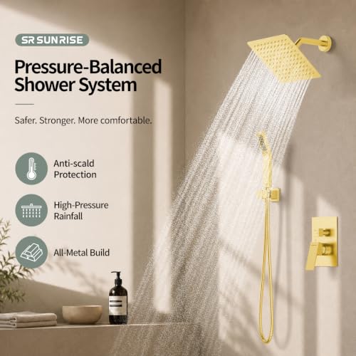 Image of SR SUN RISE Shower Faucet Set 8-Inch Rainfall Shower Head Brushed Gold