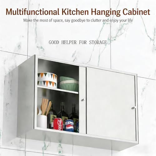 Stainless Steel Wall Mounted Sliding Door Cabinet with Adjustable Shelves - Kitchen & Bathroom Storage Organizer, Space-Saving 60x20x40cm (24x8x16in)