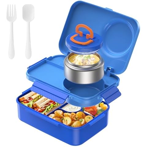 DaCool Lunch Box for Kids with 5oz Kids Soup Food Thermo for Hot Food Kids Bento Box 1500ml Leakproof Lunch Box for kids Teens Boys Lunchbox with Fork Spoon for Dining Out Work School, Blue Cover