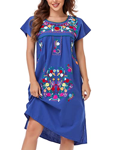Image of YZXDORWJ Women Mexican Embroidered Long Dress Ruffle Collar Maxi Boho Floral Summer Short Sleeve