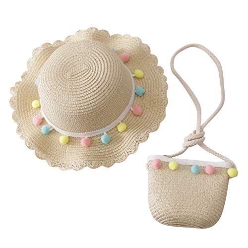 Toddler Baby Girls Straw Hat Wide Brim Sun Hat with Shoulder Bag Set Cute Pompom Beach Hat (Head circumference50-52cm/19.7-20.5