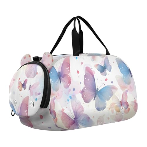 Duffle Bag for Boys or Girls with Shoes Compartment, Pink Blue Butterflies Sports Travel Bag Overnight