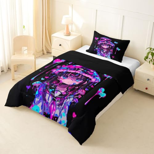Image of Erosebridal Mushroom Girl Comforter Set for Kids Boys Girls 3D Japanese Girly Bedding Watercolor Graffiti Duvet Set Cute Anime Gifts Comforter Twin with 1 Pillowcase
