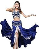 ORIDOOR Women's Belly Dance Dress Belly Crop Top Bra Top and Belt Chiffon Dancing Split Skirt Costume 3-Piece Outfit, Royal Blue, One Size