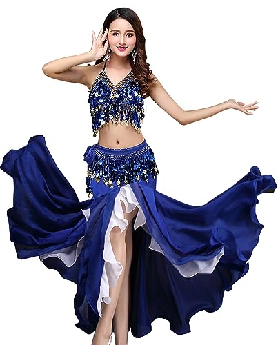 ORIDOOR Women's Belly Dance Dress Belly Crop Top Bra Top and Belt Chiffon Dancing Split Skirt Costume 3-Piece Outfit, Royal Blue, One Size