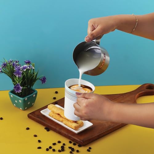Image of HAZEL Stainless Steel Tea Coffee Milk Frothing Pitcher Serving Pot with Handle Spill Proof Pouring, 600 ML