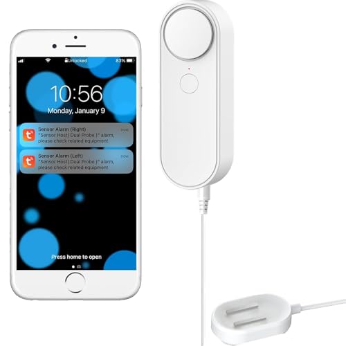 Multifunctional WiFi Water Leak Detector, 6.5ft Split Drip/Leak Detection Cable, Dual Interface, Expandable, Smart Leak Sensor Alarm, AAA Battery Powered, APP Monitoring, Over 5 Months Standby