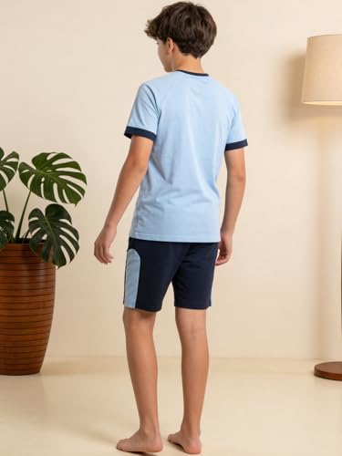 Image of Li'l Tomatoes Boys 100% Cotton Night Suit Set | Half Sleeve T-Shirt & Shorts | Color Block & Typography Print | Soft & Breathable Sleepwear | Casual Summer Wear | 9-16 Years