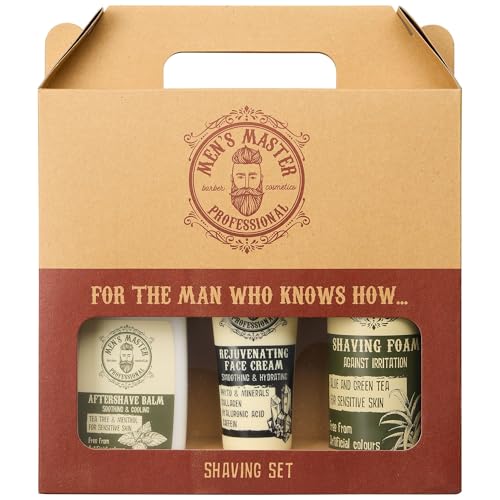 Set de regalo para hombre 3 piezas de Men's Master, Shaving Set, Espuma hidratante de afeitar, Bälsamo para después del afeitado y Crema rejuvenecedora