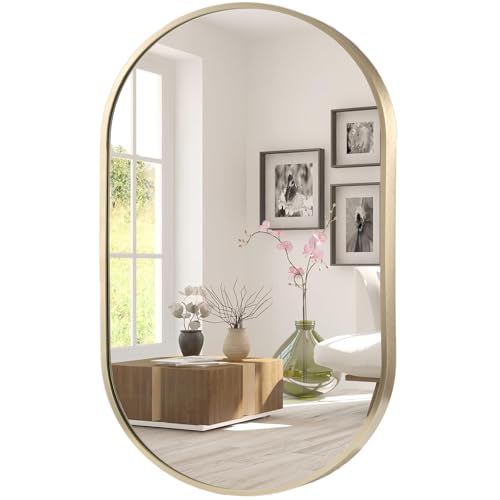 FARMER Gold Oval Mirror, 22x30 Inch Oval Bathroom Mirror, Metal Frame Wall Mirror, Gold Mirror, Wall Mounted Bathroom Vanity Mirror for Bedroom, Living Room, Entryway, Vertical or Horizontal