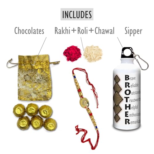 Image of Raksha Bandhan Gift Hamper for Brother - Designer Rakhi, Stainless Steel Bottle & Chocolates Combo Set, Rakhi Gift for Bhai, Brother & Family Celebration Gift