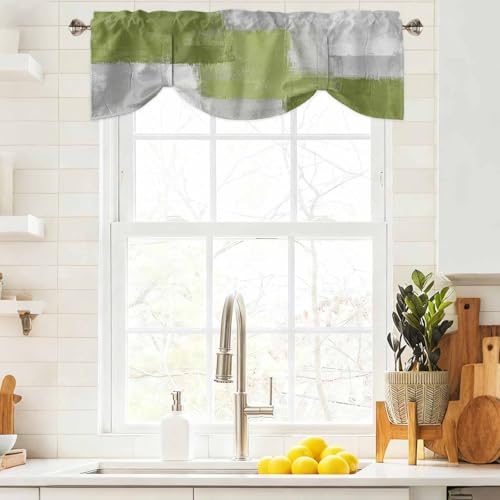 Modern Sage Green Gray Tie Up Valance Curtain for Kitchen Windows,42x18in Short Rod Pocket Curtains Abstract Geometric Graffiti Window Treatment Valances for Living Room Bathroom Bedroom Decor