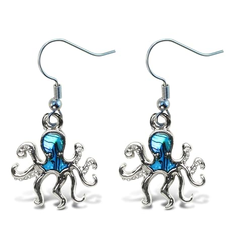 Aqua79 Octopus Earrings - Elegant New Zealand Blue Paua Shell Jewelry Ocean Animal Octopus Earrings for Women, Charming Ocean Themed Jewelry Gift - 1.35 Inches