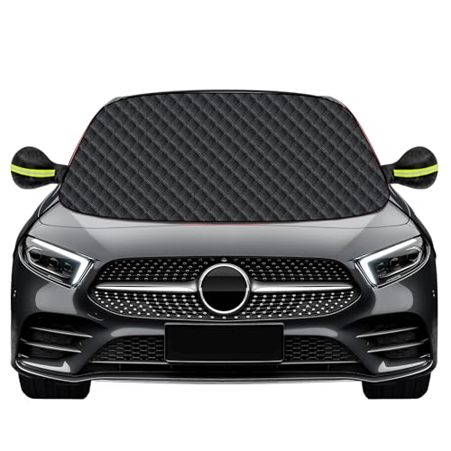 Mengine Frontscheibenabdeckung, Auto Windschutzscheibe Abdeckung mit 9 Versteckten Magneten, Seitenflügel Spiegel & 2 Haken,Eisschutzfolien Frost Guard Fit für Autos und SUVs (Schwarz, 145 * 118cm)