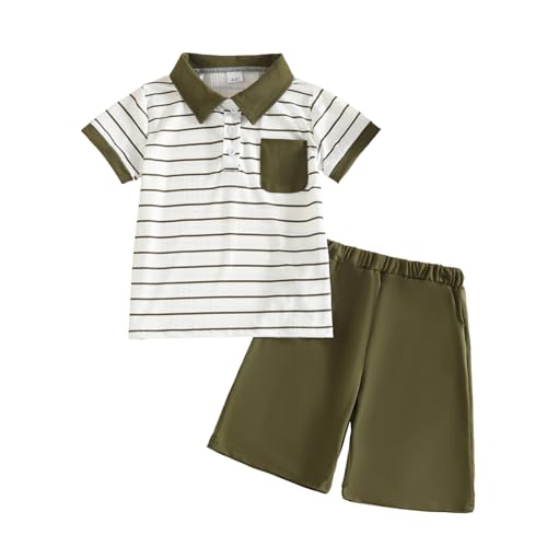 Image of Toddler Kid Boy Clothes Textured Striped Polo Collar Top Summer Shorts 2PC Summer Outfit Set