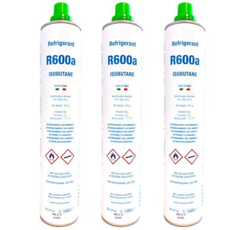 3x Envases R600a Isobutano | 1260g Neto Total (3x 420g) | Gas Refrigerante Ecológico para Neveras y Congeladores Domésticos | Pack de Ahorro Sin Válvula