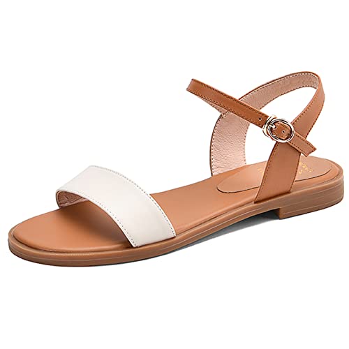 Viéctaa Sandales Femme Plate Été Cuir Confortable Bicolore Bout Ouvert Nu-Pieds Bride Cheville Soirée Plage Chaussures Beige 43 Cover