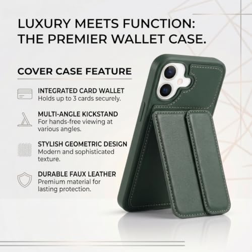 Image of amazon basics Luxury Vegan Leather Back Cover for iPhone 16 | Built-in Card Holder Slot | Integrated Mobile Stand | Slim Shockproof Protective Case with Stitched Finish - Green