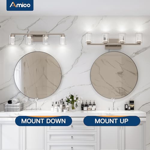 Image of Amico Bathroom Vanity Lights, 4 Lights Brushed Nickel Bathroom Lighting Fixtures with 3CCT Adjustable, Modern Wall Light Over Mirror with Crystal Bubble Glass Shade