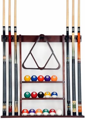 Iszy Billiards Pool Cue Rack - Billiard Pool Stick and Ball Holder Only - 100% Wood Wall Mount Holds 6 Cues and 16 Balls - Pool Table Accessories, Mahogany