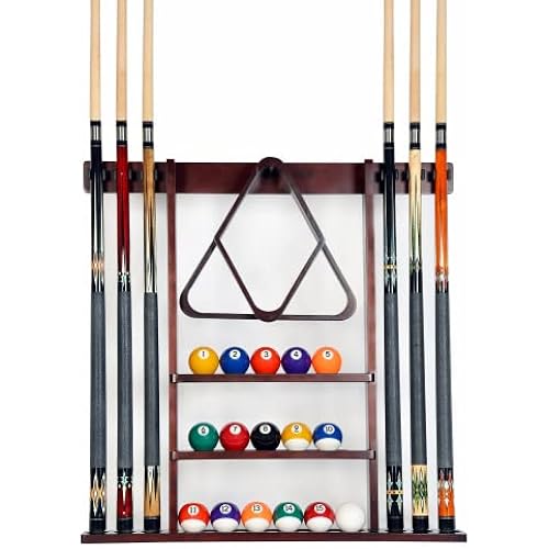 Pool Cue Rack - Billiard Pool Stick and Ball Holder Only - 100% Wood Wall Mount Holds 6 Cues and 16 Balls - Pool Table Accessories, Mahogany