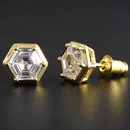 [RIZILIA BEEHIVE] Hexagon Pierced Stud Earrings with Custom-Cut 2CT 6mm Gemstone [White Cubic Zirconia] in 18K Gold Plated4