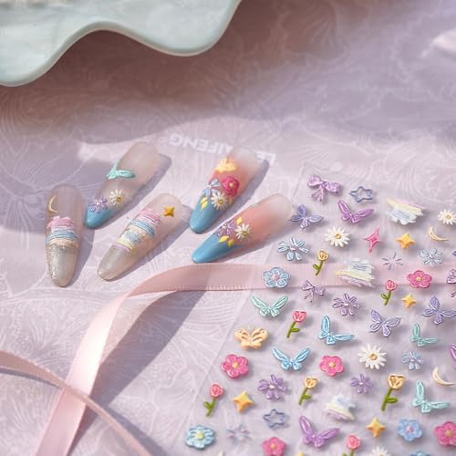 Image of Flower Nail Stickers Decals Colorful Nail Stickers for Nails Art Butterfly with Design 5D Embossed Self Adhesive Nails Charms for Women Manicure DIY Decoration Accessories