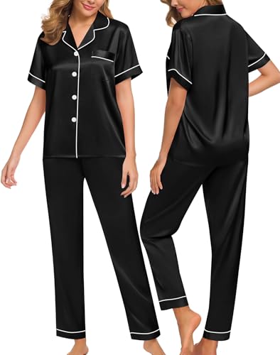 Image of SWOMOG Women Satin Pajamas Set Short Sleeve Top & Pants Sleepwear Silky Button Down Nightwear 2pcs Loungewear Pjs Set