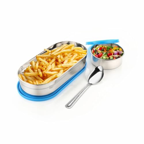 Image of PRESCO Small Oval Stainless Steel Kids Lunch Box with Spoon for School Kids, Boys - Leakproof Tiffin Box for Men & Women, Picnic, Travel - Stylish, Compact & Daily Use Meal Prep Box, 450ml- Pack of 1
