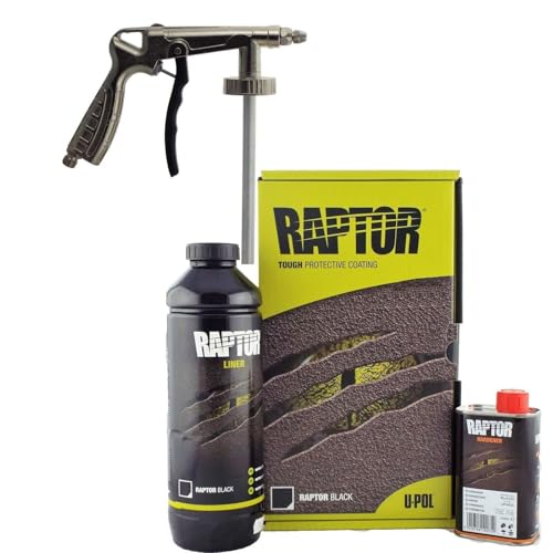 Raptor U-Pol BLACK 1 Bottle + Gun Kit 2K Tough Coating Liner Protective Barrier 1 Bottle kit is ideal for smaller applications/touch-ups Supplied with FMT626 Pneumatic Gun