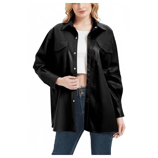 RISISSIDA Women Faux Leather Jacket Shacket Button Down Long Sleeve Shirts Spring and Fall, Casual Pleather Blouses with Breast Pockets Black 21001 L