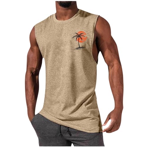 Image of Mens Summer Beach Tank Top Hawaiian Palm Tree Print Sleeveless Muscle Basic Tee Vacation Tops