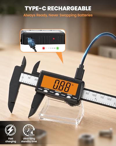HARDELL Rechargeable Digital Caliper, 6" Plastic Calipers with Large Orange Screen (Non-Backlit), Inch/mm, Auto-Off Micrometer – Everyday Caliper Measuring Tool for Woodworking, (Orange)