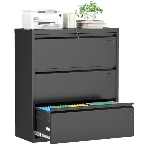 Greenvelly 3 Drawer File Cabinet, Metal Filing Cabinet with Lock, Black Lateral File Cabinet for Home Office, Locking File Cabinet for Letter/Legal/F4/A4 Size Hanging Files, Easy Assembly