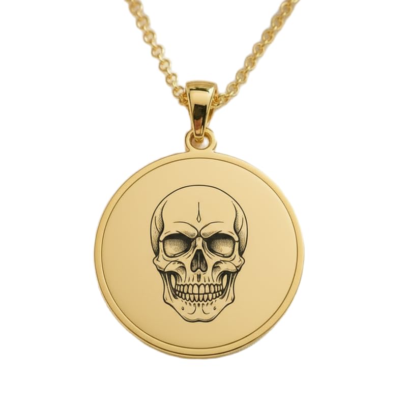 Collier crâne humain gravé argent 925 et or, pendentif rond mixte 45cm