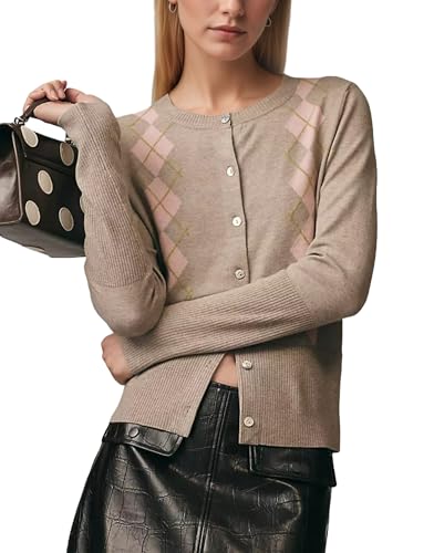 Argyle Cardigan Sweater for Women Lightweight Casual Button Down Long Sleeve Knit Sweater Tops 2025 Fall Outfits
