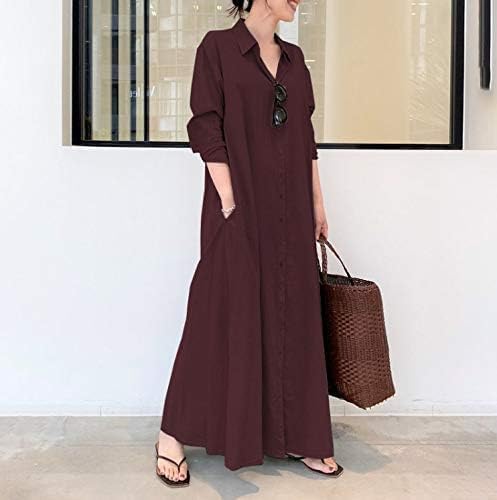 Women's Summer Classic Vintage Button Shirt Dress Seven Sleeve Side Pocket Solid Color Maxi Long Dresses2