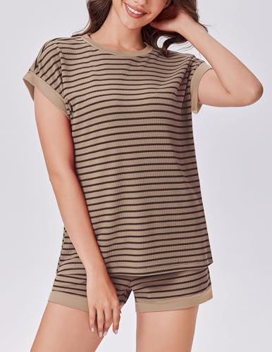 Image of Ekouaer Two Piece Sets for Women Summer Striped Lounge Set Vacation Outfit | Casual Cute Waffle Knit Tops Shorts Sets with Pocket for Travel, Jogging, Cruise, Beach, Airport