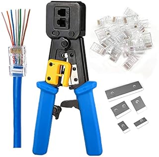 RJ45 Crimping Tool Ethernet Crimper for Cat6 Cat5 Cat5e RJ45 Pass Through Connectors and RJ12 Ends Comes with 20PCS RJ45 Cat6 Connectors and Replacement Blade