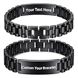 JUBOPE Engraved Bracelet for Men - Customized Gift for Him, Double-Sided Laser Engraving on 15mm Black Stainless Steel, Waterproof Adjustable ID Bracelet for Husband, Dad (Any text and icon)