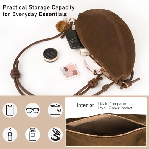 Image of Small Suede Dumpling Crossbody Bag for Women, Hobo Shoulder Purse with Cute Baseball Charms & Adjustable Strap