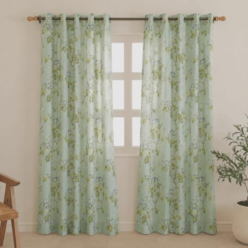 Image of Clasiko Cotton Sheer Curtain Set of 2 | 54x60 Inches /5 Feet | Linen Texture | Sage Dew | 40% Light Filtering | 54x60 Inches | Printed Window Curtain for Living Room, Bedroom